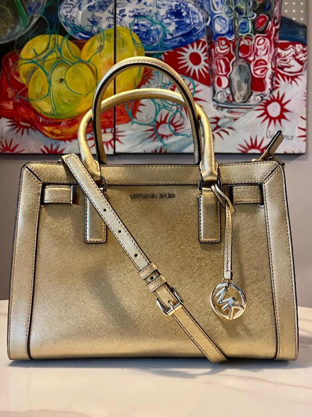 Michael Kors Dillon Metallic Gold Saffiano Leather Satchel – NWOT + Dust Bag